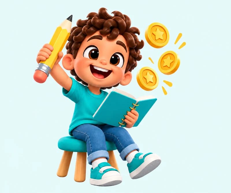 ילד עם עיפרון ומחברת חוגג קבלת מטבעות